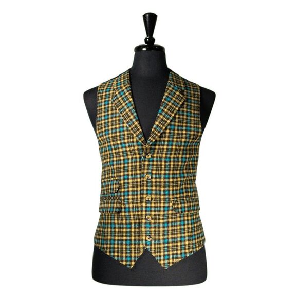 Mens 42R Tartan Plaid Wool Vest Waistcoat Yellow Blue Brown Formal Wedding Party - Picture 1 of 10